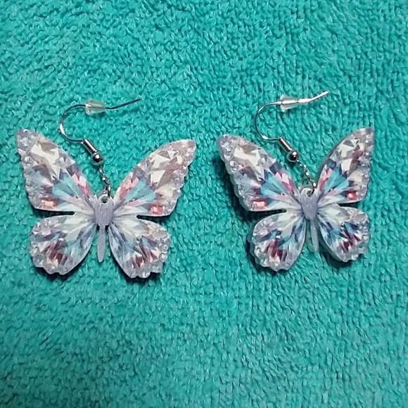Cute wire dangle butterfly earrings multicolor colorful blue pink - Picture 3 of 3